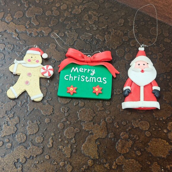 Handmade Vintage Ornament Set Gingerbread Santa Merry Christmas Plaque Claydough - Picture 1 of 10